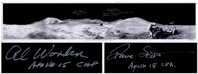 Al Worden & Dave Scott Signed Panoramic 40.5 x 8.5 Photo of the Moons Surface -- Worden Additionally Writes His Famous Quote About Seeing Earth From the Moon